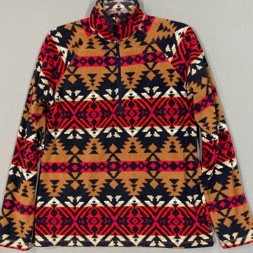Eddie Bauer Southwestern Aztec Print 1/4 Zip Pullover Sweater XS Navy Red Tan